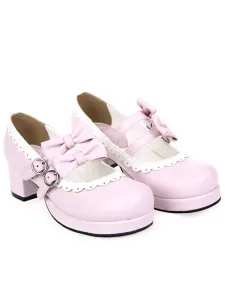 Zapatos Lolita Dulce Tacón Cuadrado Lazos Hebilla Blanco Trim #194161