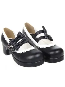 Zapatos Lolita Dulce Tacón Cuadrado Lazos Hebilla Blanco Trim #194188
