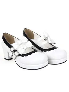 Zapatos Lolita Dulce Tacón Cuadrado Lazos Hebilla Blanco Trim #194213