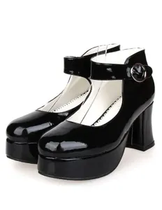 Zapatos Lolita Negros Tacones Gruesos Altos Tirantes de Tobillo Hebilla #196536