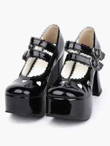 Zapatos Lolita Negros Tacones Pony Tirantes de Tobillo Hebilla Lazo #199223