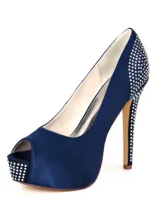 Zapatos de boda para invitados Zapatos de novia de tacón de aguja con pedrería azul oscuro