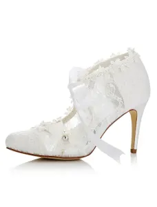 Zapatos de novia de encaje 8.5cm Zapatos de Fiesta Zapatos blanco  de tacón de stiletto Zapatos de boda de puntera puntiaguada con lazo #237944
