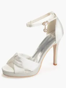 Zapatos de novia de satén Zapatos de Fiesta de tacón de stiletto Zapatos blanco  Zapatos de boda de puntera abierta 11cm 1.5cm #199468