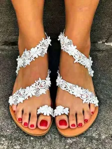 Sandalias planas de boda Zapatos cómodos de novia con encaje de flores Zapatos de mujer de piso para boda en playa #434680