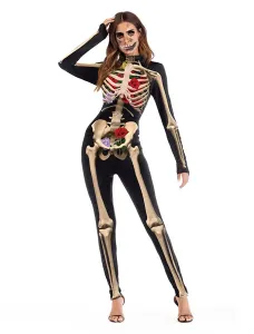 Disfraz Carnaval Traje de Halloween Skeleton Bone Flowers Mujeres negras Mono largo de manga larga Carnaval Halloween #260533