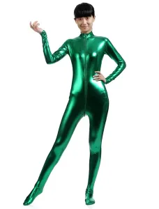 Disfraz Carnaval Cremallera verde oscurezca brillante metálico Zentai traje para las mujeres Halloween #203596