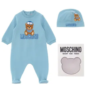 Moschino Baby Boys Teddy Bear Print Babygrow Set Blue 1/3m SKY