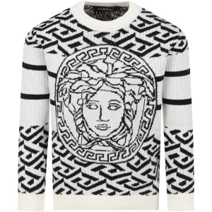 Versace Boys Wool Knitted Medusa Jumper White 12Y
