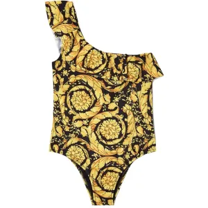 Versace Girls Barocco Print One Shoulder Swimsuit Gold 10Y